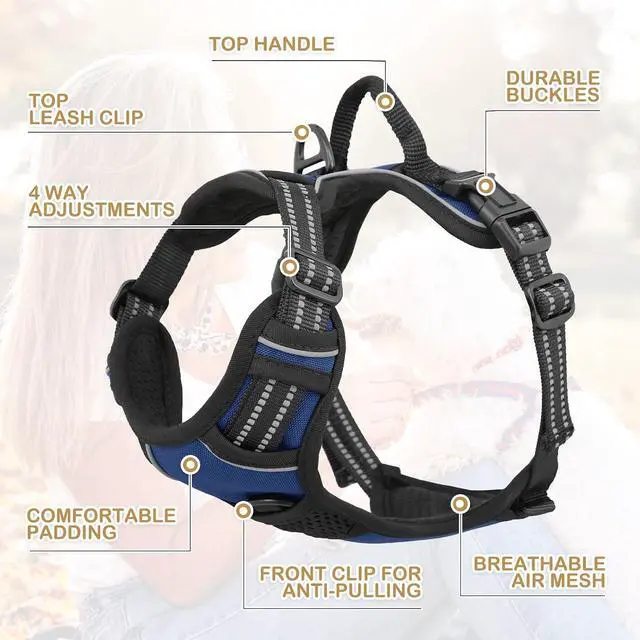 Alt view image 5 of 7 - Reflective Dog Harness, No Pull Vest Harness with Handle, Adjustable Soft Padded Pet Harness for Small Dogs, Navy Blue, S