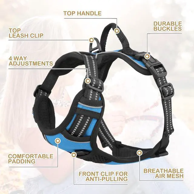 Alt view image 5 of 7 - Reflective Dog Harness, No Pull Vest Harness with Handle, Adjustable Soft Padded Pet Harness for Small Dogs, Sky Blue, S