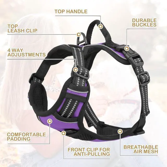 Alt view image 5 of 7 - Reflective Dog Harness, No Pull Vest Harness with Handle, Adjustable Soft Padded Pet Harness for Small Dogs, Purple, S