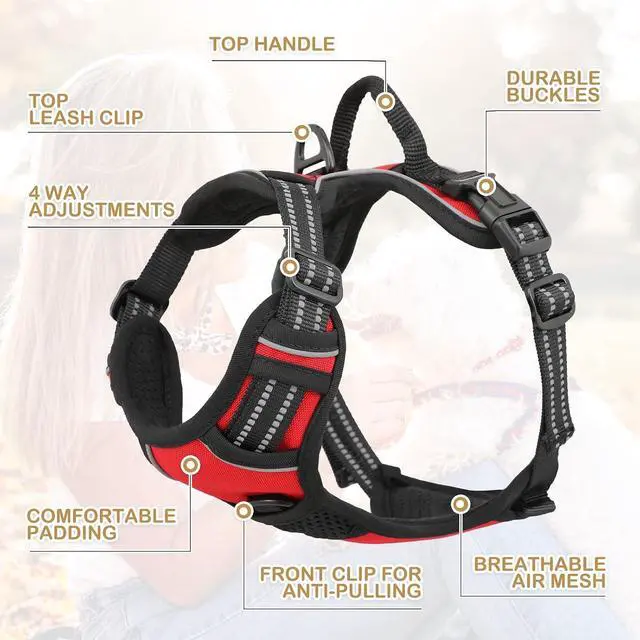 Alt view image 5 of 7 - Reflective Dog Harness, No Pull Vest Harness with Handle, Adjustable Soft Padded Pet Harness for Small Dogs, Red, S