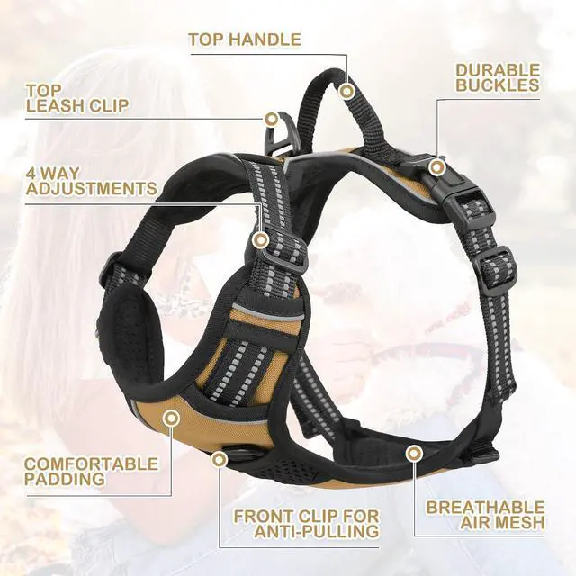 Alt view image 5 of 7 - Reflective Dog Harness, No Pull Vest Harness with Handle, Adjustable Soft Padded Pet Harness for Small Dogs, Light Brown, S