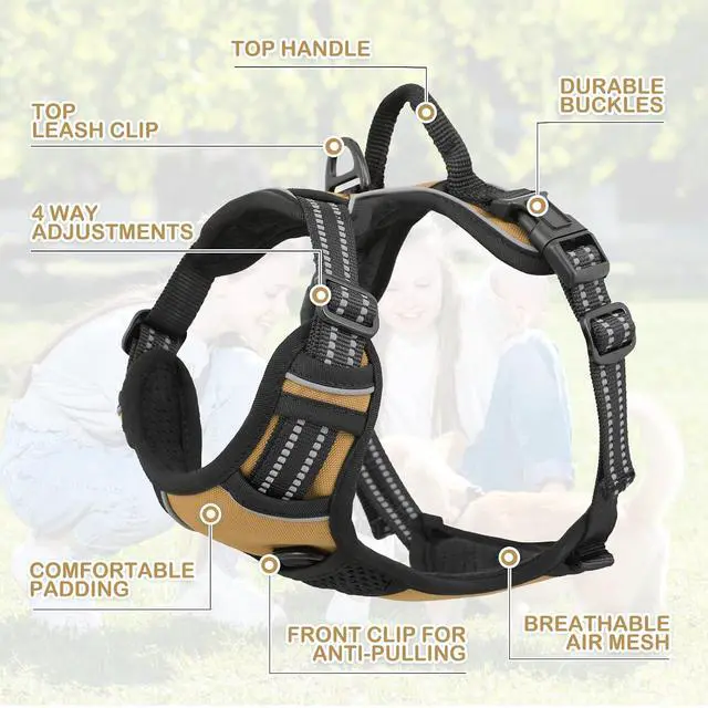 Alt view image 5 of 7 - Reflective Dog Harness, No Pull Vest Harness with Handle, Adjustable Soft Padded Pet Harness for Medium Dogs, Light Brown, M