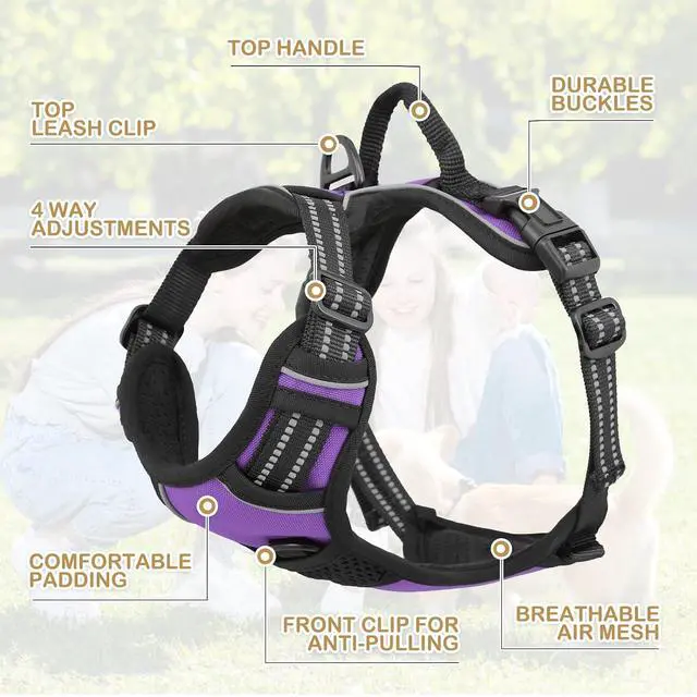 Alt view image 5 of 7 - Reflective Dog Harness, No Pull Vest Harness with Handle, Adjustable Soft Padded Pet Harness for Medium Dogs, Purple, M