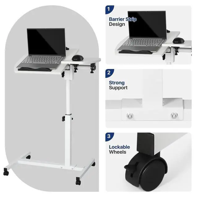 Alt view image 7 of 7 - Portable Laptop Table Cart, 360° Rotatable Panel, Adjustable Height 24.5"-35.5" Rolling Standing Computer Desk with Locking Casters for Home Office, Black