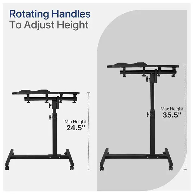 Alt view image 4 of 7 - Portable Laptop Table Cart, 360° Rotatable Panel, Adjustable Height 24.5"-35.5" Rolling Standing Computer Desk with Locking Casters for Home Office, White