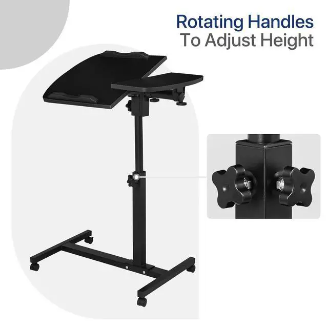 Alt view image 5 of 7 - Portable Laptop Table Cart, 360° Rotatable Panel, Adjustable Height 24.5"-35.5" Rolling Standing Computer Desk with Locking Casters for Home Office, White