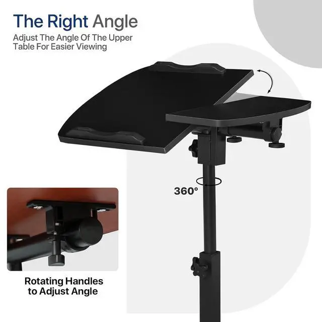 Alt view image 6 of 7 - Portable Laptop Table Cart, 360° Rotatable Panel, Adjustable Height 24.5"-35.5" Rolling Standing Computer Desk with Locking Casters for Home Office, White
