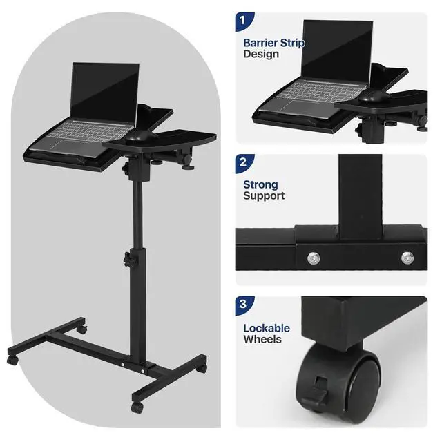 Alt view image 7 of 7 - Portable Laptop Table Cart, 360° Rotatable Panel, Adjustable Height 24.5"-35.5" Rolling Standing Computer Desk with Locking Casters for Home Office, White