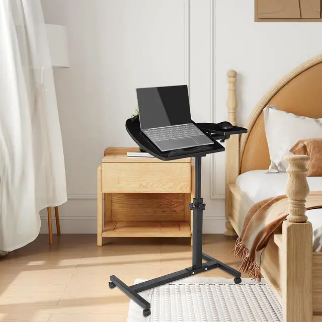 Alt view image 2 of 7 - Portable Laptop Table Cart, 360° Rotatable Panel, Adjustable Height 24.5"-35.5" Rolling Standing Computer Desk with Locking Casters for Home Office, White
