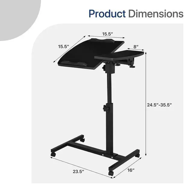 Alt view image 3 of 7 - Portable Laptop Table Cart, 360° Rotatable Panel, Adjustable Height 24.5"-35.5" Rolling Standing Computer Desk with Locking Casters for Home Office, White
