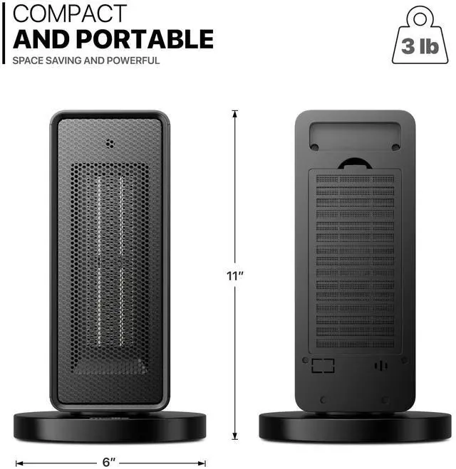 Alt view image 2 of 7 - mollie Electric Space Heater with 90° Oscillation, PTC Fast Heating Room Small Heater with 12H Timer, Tip-Over & Overheat Protection, Portable Quiet Heater for Home Office, Button Control, Black