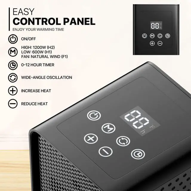 Alt view image 4 of 7 - mollie Electric Space Heater with 90° Oscillation, PTC Fast Heating Room Small Heater with 12H Timer, Tip-Over & Overheat Protection, Portable Quiet Heater for Home Office, Button Control, Black