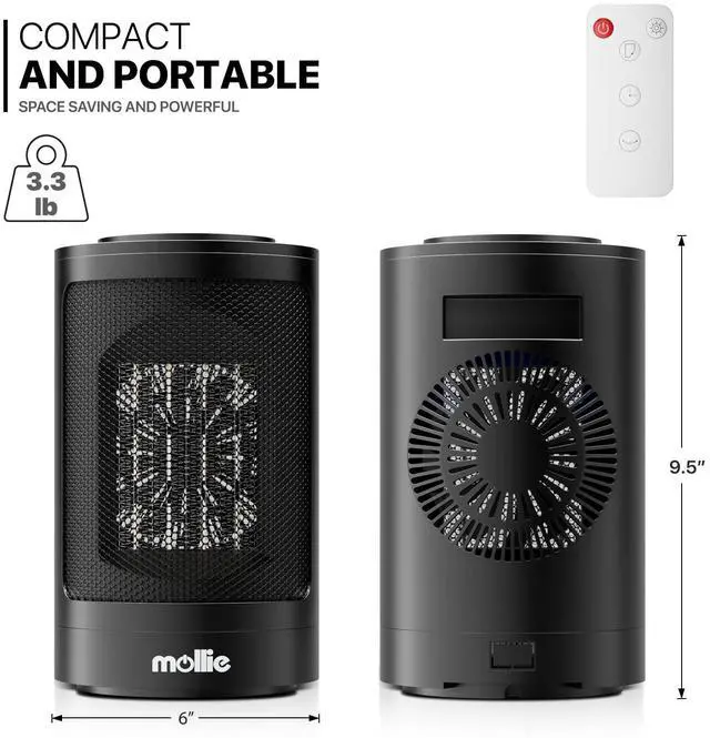Alt view image 2 of 7 - Portable Electric Space Heater, Personal Rapid Heating PTC Heater for Office Bedroom Living Room, 8h Timer Small Heater with Tip-Over and Overheat Protection, Remote & Button Control, Black