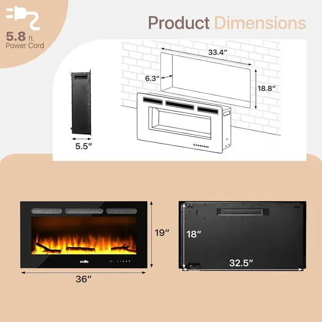 Alt view image 2 of 7 - 36" Electric Fireplace Heater, Realistic Flame, Adjustable 8 Flame Colors, Ideal for Home & Office Decor, 1400W, Compact Design with Temperature Regulation