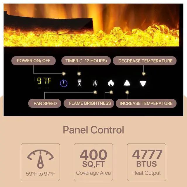 Alt view image 4 of 7 - 36" Electric Fireplace Heater, Realistic Flame, Adjustable 8 Flame Colors, Ideal for Home & Office Decor, 1400W, Compact Design with Temperature Regulation