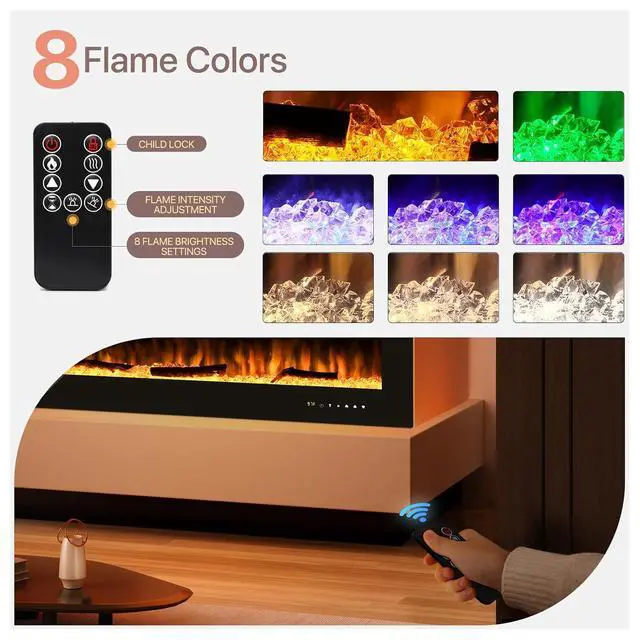 Alt view image 6 of 7 - 36" Electric Fireplace Heater, Realistic Flame, Adjustable 8 Flame Colors, Ideal for Home & Office Decor, 1400W, Compact Design with Temperature Regulation