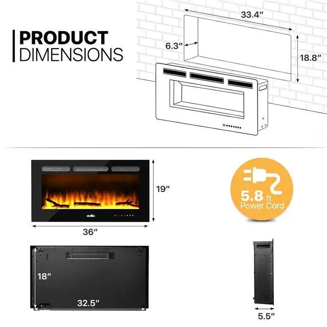 Alt view image 2 of 7 - 36" Electric Fireplace Wall Mounted and Recessed with Remote Control, 1400W Wall Fireplace Heater w/8 Color Adjustable Brightness Flame Linear Electric Fireplace, Overheating Protection (Black)