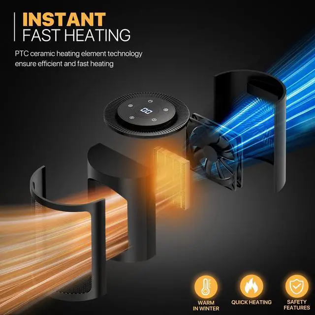 Alt view image 6 of 7 - Portable Electric Space Heater, Personal Rapid Heating PTC Heater for Office Bedroom Living Room, 8h Timer Small Heater with Tip-Over and Overheat Protection, Remote & Button Control, Black