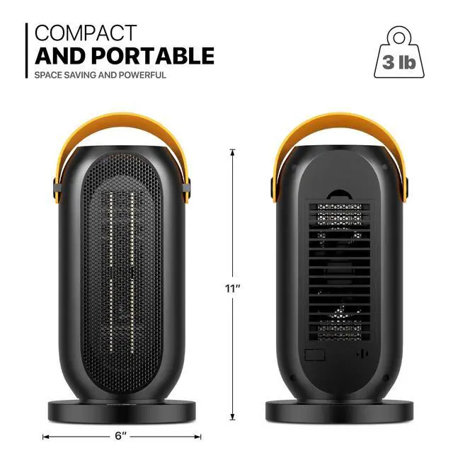 Alt view image 2 of 7 - mollie Small Space Heater, 90° Oscillating Electric Heater for Home Office, 12h Timer Portable Personal PTC Rapid Heater Quick Safety Heating for Adult Kid Indoor Use, Button Control, Black