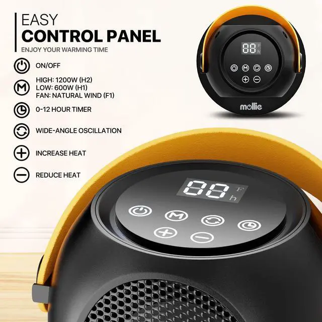 Alt view image 4 of 7 - mollie Small Space Heater, 90° Oscillating Electric Heater for Home Office, 12h Timer Portable Personal PTC Rapid Heater Quick Safety Heating for Adult Kid Indoor Use, Button Control, Black