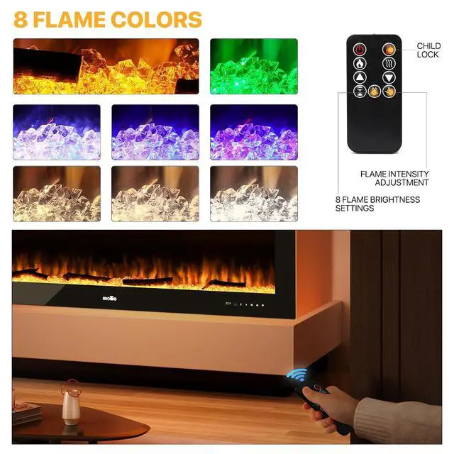 Alt view image 7 of 7 - 36" Electric Fireplace Wall Mounted and Recessed with Remote Control, 1400W Wall Fireplace Heater w/8 Color Adjustable Brightness Flame Linear Electric Fireplace, Overheating Protection (Black)