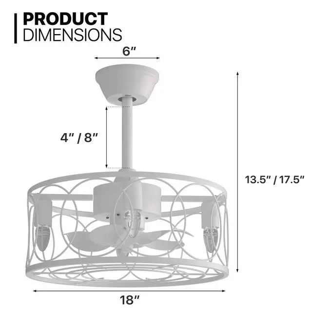 Alt view image 2 of 7 - 18" Caged Ceiling Fan with Light, Quiet Reversible AC Motor, Dimmable 3-Color LED Temperature, 3-Speed Remote Control, for Bedroom, Living Room, White - Bulbs (4 x E26) Not Included