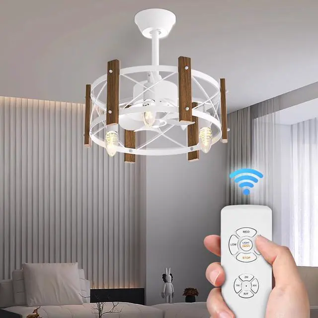 Alt view image 3 of 7 - 18" Caged Ceiling Fan with Metal & Wood Cage, Quiet Reversible AC Motor, 3-speed Remote Control, Adjustable 3-color Temperature, for Bedroom, Living Room, Black - 3 X E26 Bulbs (Not Included)