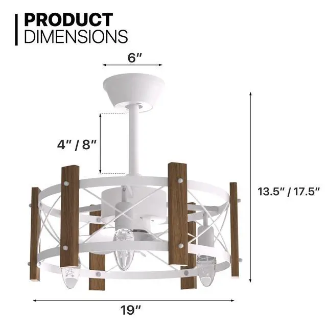 Alt view image 2 of 7 - 18" Caged Ceiling Fan with Metal & Wood Cage, Quiet Reversible AC Motor, 3-speed Remote Control, Adjustable 3-color Temperature, for Bedroom, Living Room, Black - 3 X E26 Bulbs (Not Included)