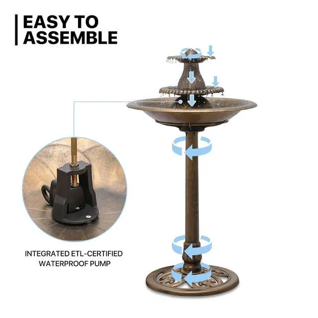 Alt view image 7 of 7 - Outdoor Garden Bird Bath, 37" Tall Outside 3-Tiered Pedestal Antique Water Fountain and Birdbath for Garden Patio Deck Porch Backyard, 5L Water Capacity, Bronze