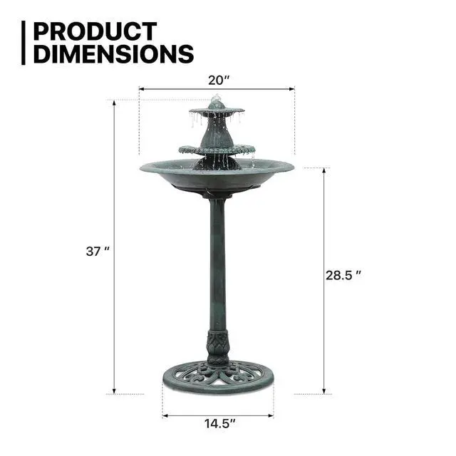 Alt view image 2 of 7 - 37" Outdoor Pedestal Water Fountain and Birdbath, 3-Tiered Waterfall Fountain with Recirculating Pump for Garden Patio Backyard, 5L Water Capacity, Green