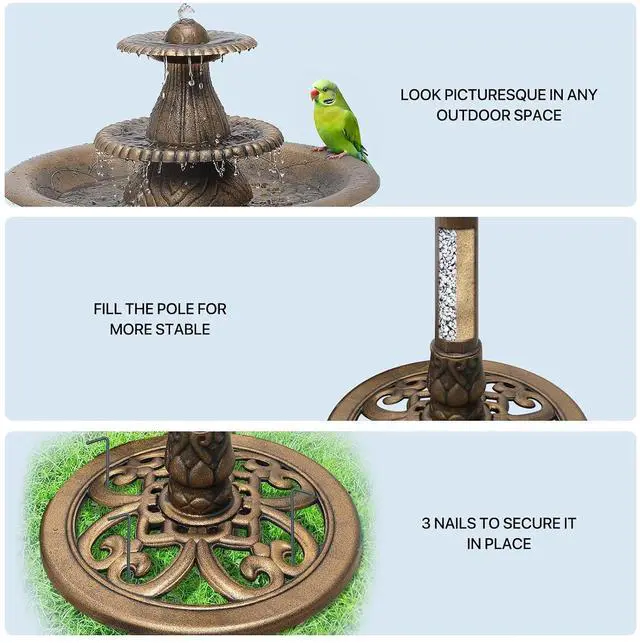 Alt view image 6 of 7 - Outdoor Garden Bird Bath, 37" Tall Outside 3-Tiered Pedestal Antique Water Fountain and Birdbath for Garden Patio Deck Porch Backyard, 5L Water Capacity, Bronze