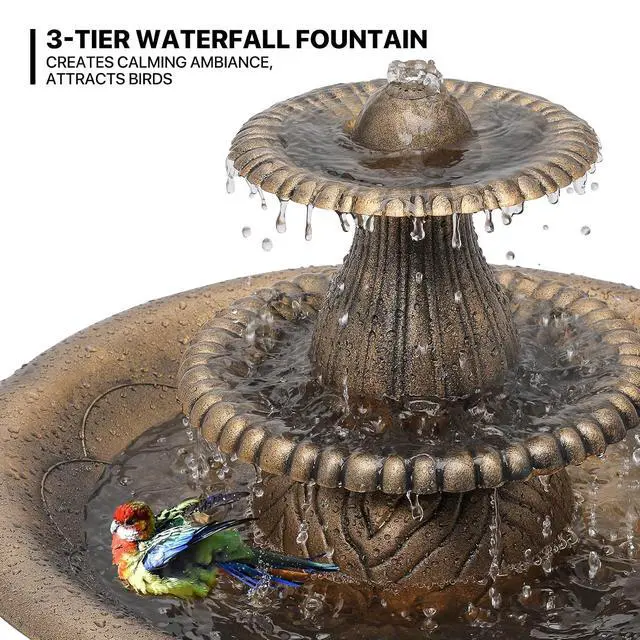 Alt view image 5 of 7 - Outdoor Garden Bird Bath, 37" Tall Outside 3-Tiered Pedestal Antique Water Fountain and Birdbath for Garden Patio Deck Porch Backyard, 5L Water Capacity, Bronze