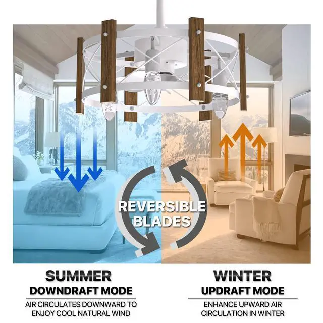 Alt view image 6 of 7 - 18" Caged Ceiling Fan with Metal & Wood Cage, Quiet Reversible AC Motor, 3-speed Remote Control, Adjustable 3-color Temperature, for Bedroom, Living Room, Black - 3 X E26 Bulbs (Not Included)