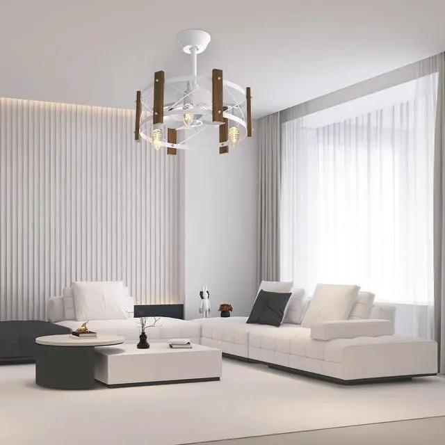 Alt view image 4 of 7 - 18" Caged Ceiling Fan with Metal & Wood Cage, Quiet Reversible AC Motor, 3-speed Remote Control, Adjustable 3-color Temperature, for Bedroom, Living Room, Black - 3 X E26 Bulbs (Not Included)