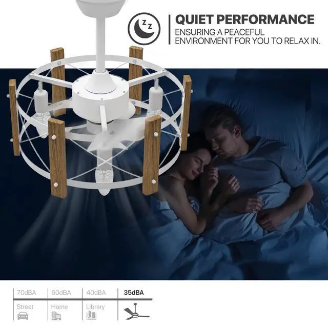 Alt view image 7 of 7 - 18" Caged Ceiling Fan with Metal & Wood Cage, Quiet Reversible AC Motor, 3-speed Remote Control, Adjustable 3-color Temperature, for Bedroom, Living Room, Black - 3 X E26 Bulbs (Not Included)
