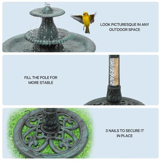 Alt view image 6 of 7 - 37" Outdoor Pedestal Water Fountain and Birdbath, 3-Tiered Waterfall Fountain with Recirculating Pump for Garden Patio Backyard, 5L Water Capacity, Green