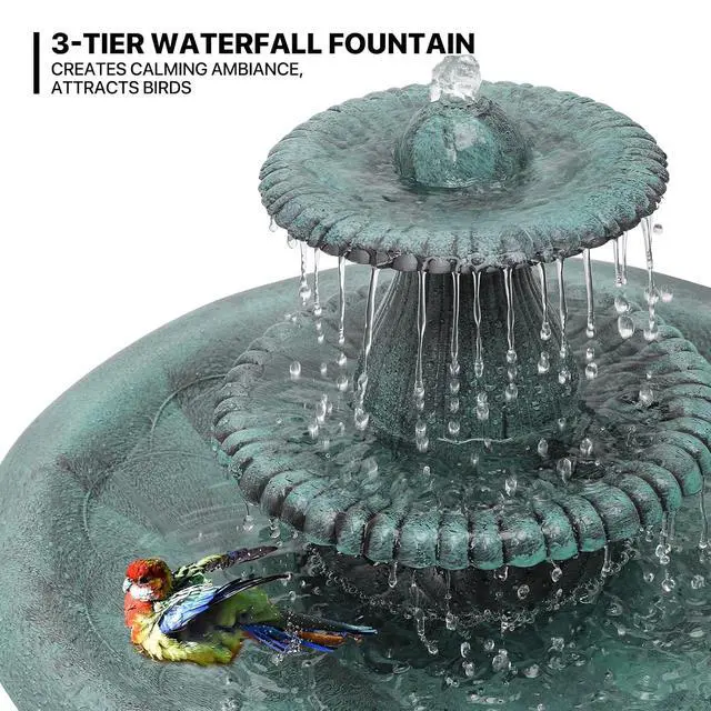 Alt view image 5 of 7 - 37" Outdoor Pedestal Water Fountain and Birdbath, 3-Tiered Waterfall Fountain with Recirculating Pump for Garden Patio Backyard, 5L Water Capacity, Green