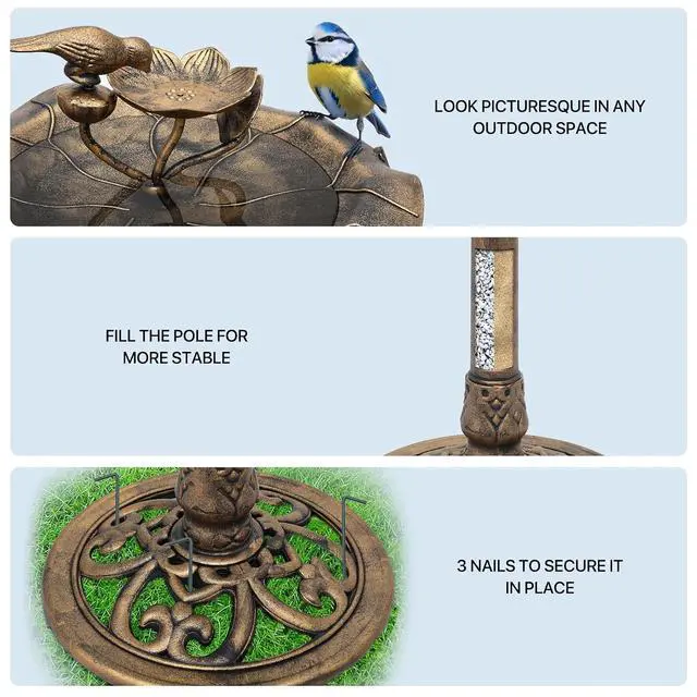 Alt view image 5 of 7 - 28" Height Pedestal Bird Bath, Outdoor Water Fountains 2 Tiers Tall Bird Bath with Decoration Pedestal Base Stand for Lawn Patio or Garden, 5L Water Capacity, Bronze