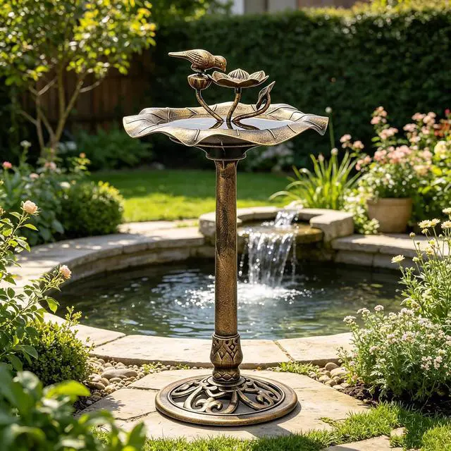 Alt view image 6 of 7 - 28" Height Pedestal Bird Bath, Outdoor Water Fountains 2 Tiers Tall Bird Bath with Decoration Pedestal Base Stand for Lawn Patio or Garden, 5L Water Capacity, Bronze