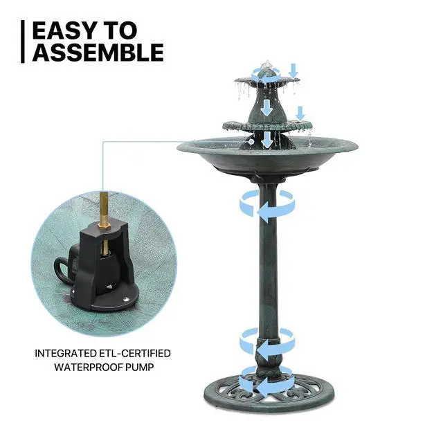 Alt view image 7 of 7 - 37" Outdoor Pedestal Water Fountain and Birdbath, 3-Tiered Waterfall Fountain with Recirculating Pump for Garden Patio Backyard, 5L Water Capacity, Green