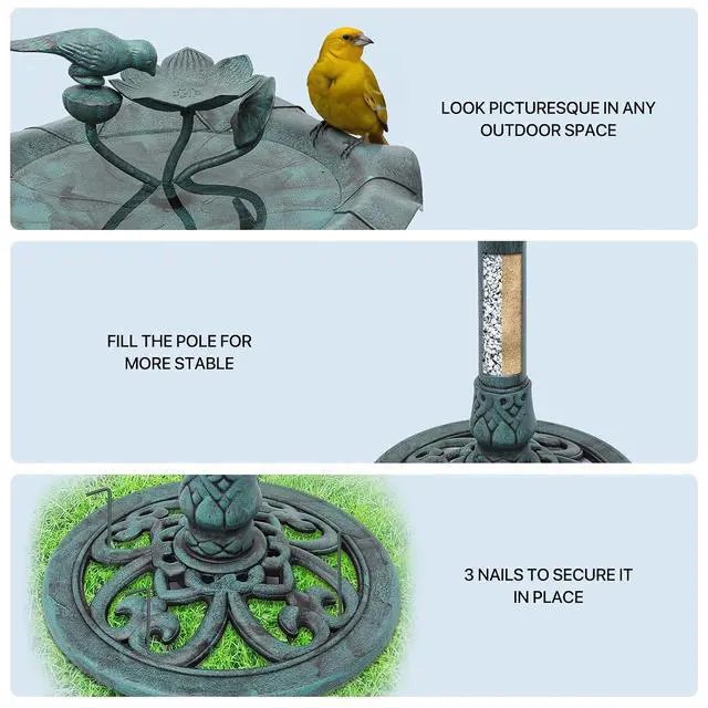 Alt view image 6 of 7 - 28" Bird Baths for Outdoors, 2 Tiers Birdbath Water Fountains with Decorative Birds and Pedestal Base Stand for Lawn Yard and Garden, 5L Water Capacity, Green