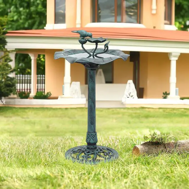 Alt view image 3 of 7 - 28" Bird Baths for Outdoors, 2 Tiers Birdbath Water Fountains with Decorative Birds and Pedestal Base Stand for Lawn Yard and Garden, 5L Water Capacity, Green