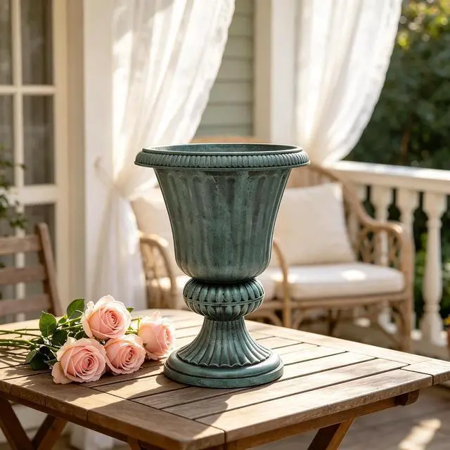Alt view image 6 of 7 - 20-Inch Plastic Urn Planter Vase Vintage Roman Flower Pot for Indoor & Outdoor Plants, Patio, Garden, Wedding Decor, Lightweight & Drainage Hole, Retro Home Porch Decor (Dark Green)