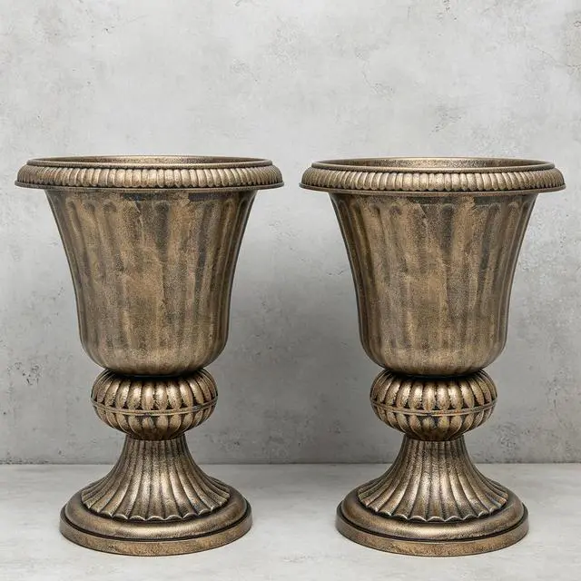 Main image of 20 Plastic Urn Planter Vase Set of 2 Vintage Roman Flower Pot for Indoor & Outdoor Plants, Patio, Garden, Wedding Decor, Lightweight & Drainage Hole, Retro Home Porch Decor (Brass)