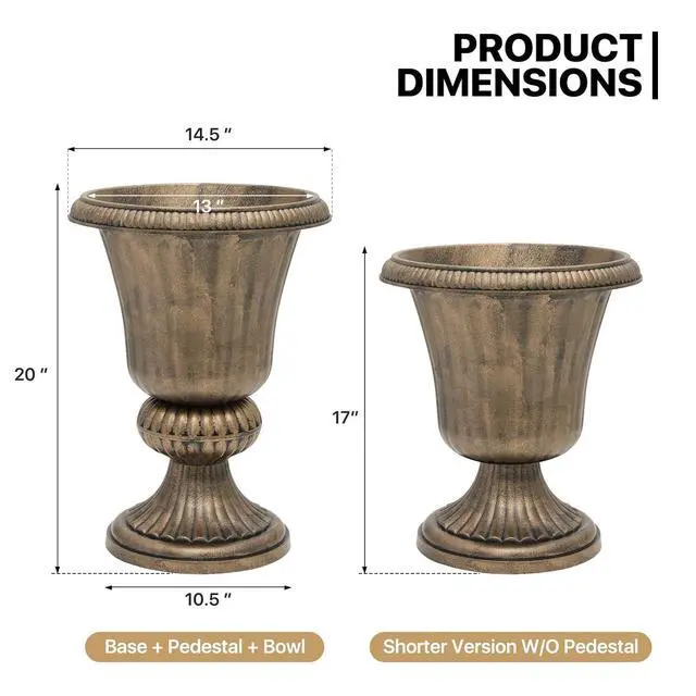 Alt view image 2 of 7 - 20-Inch Plastic Urn Planter Vase Vintage Roman Flower Pot for Indoor & Outdoor Plants, Patio, Garden, Wedding Decor, Lightweight & Drainage Hole, Retro Home Porch Decor (Brass)