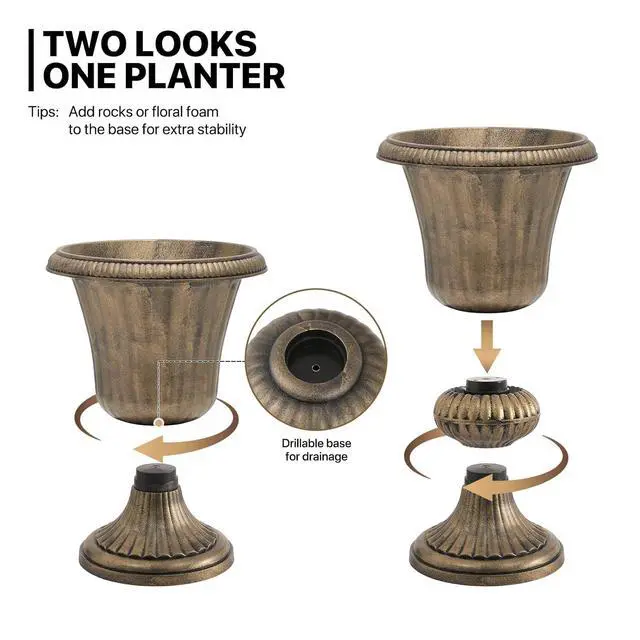 Alt view image 3 of 7 - 20-Inch Plastic Urn Planter Vase Vintage Roman Flower Pot for Indoor & Outdoor Plants, Patio, Garden, Wedding Decor, Lightweight & Drainage Hole, Retro Home Porch Decor (Brass)