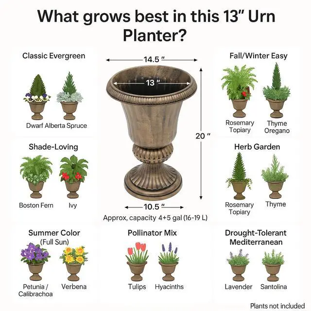 Alt view image 5 of 7 - 20-Inch Plastic Urn Planter Vase Vintage Roman Flower Pot for Indoor & Outdoor Plants, Patio, Garden, Wedding Decor, Lightweight & Drainage Hole, Retro Home Porch Decor (Brass)