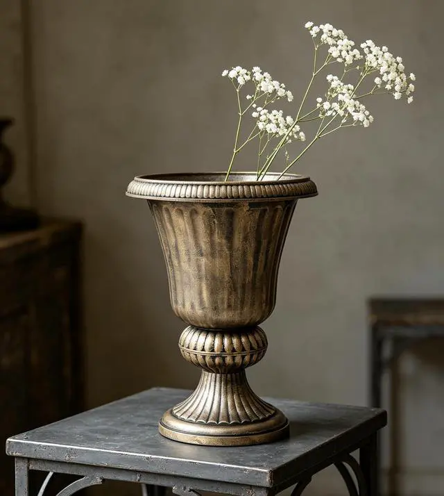 Main image of 20-Inch Plastic Urn Planter Vase Vintage Roman Flower Pot for Indoor & Outdoor Plants, Patio, Garden, Wedding Decor, Lightweight & Drainage Hole, Retro Home Porch Decor (Brass)