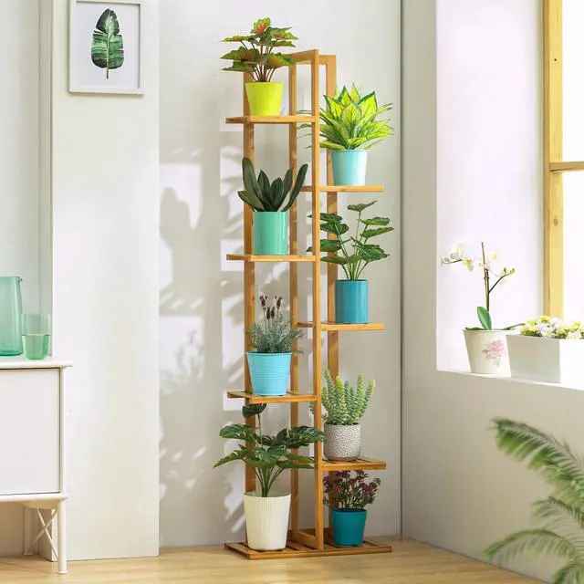 Alt view image 3 of 6 - 6 Tier Bamboo Plant Stand, Flowers Display Shelf Holder Organizer with 7 Pot Positions for Outdoor Indoor Balcony Patio Balcony, Natural