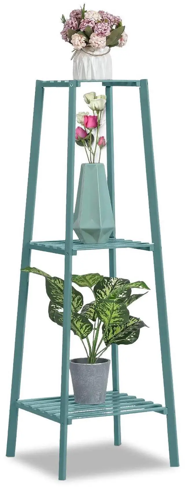 Main image of Bamboo 3-Tier Tall Plant Stand Pot Vase Holder Flower Seasoning Display Shelf Rack Small Space for Patio Garden Balcony Yard Living Room (3 Shelves, Green)